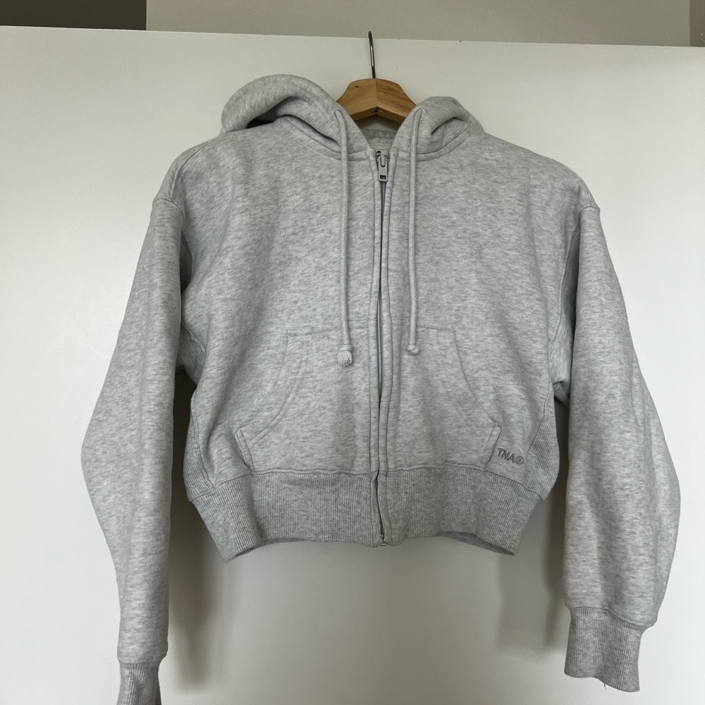 Aritzia TNA Sweatfleece Heather Cloud White Zip-Up Boyfriend fit Hoodie